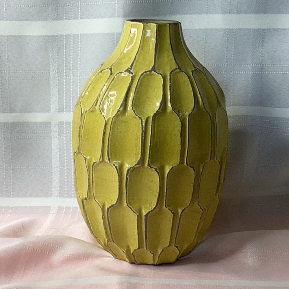 Pair West Elm Handcrafted Pottery Stoneware Glazed Yellow Honeycomb Vase.